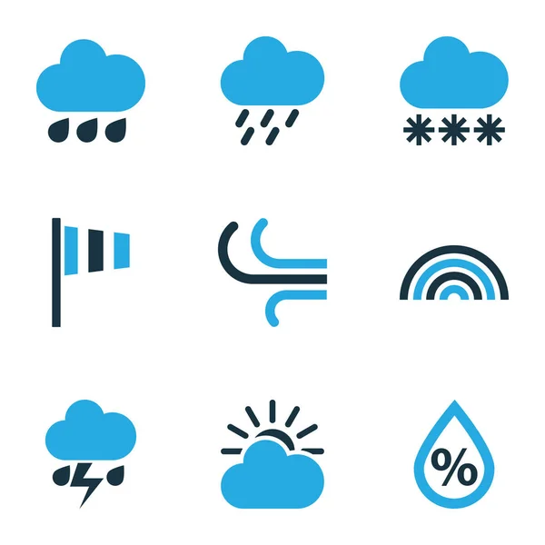 Wettersymbole farbig mit Tropfen, Blitz, Regenbogen und anderen Feuchtigkeitselementen. isolierte Vektorabbildung Wettersymbole. — Stockvektor