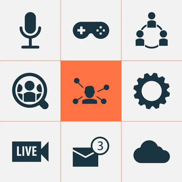 Social icons set with people, game, communication and other gear elements. Isolated vector illustration social icons.