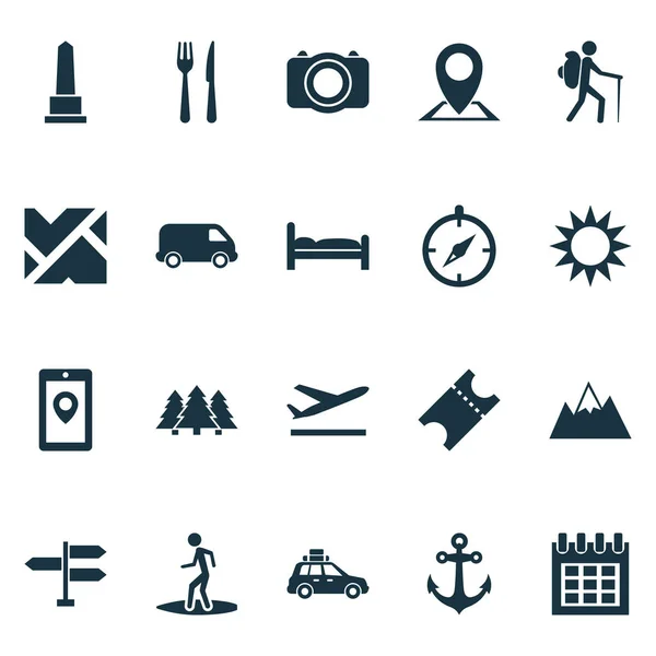 Iconos de viaje con suv, carreteras, montañas y otros elementos guía. Iconos de viaje de ilustración vectorial aislado . — Vector de stock