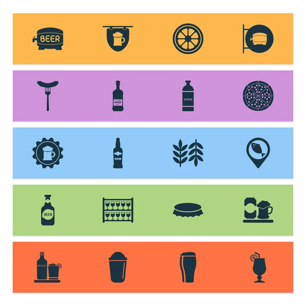 Conjunto de iconos de bebidas con tapón de botella, taza de cerveza, placa y otros elementos cabernet. Iconos de bebidas de ilustración vectorial aislado . — Vector de stock