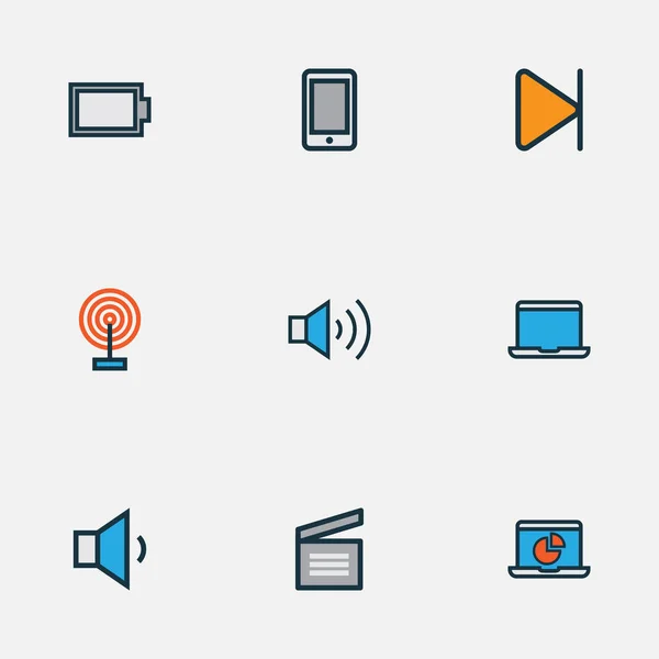 Media icons colored line set with broadcast, energy, volume up and other megaphone elements. Isolated vector illustration media icons. — Stock Vector