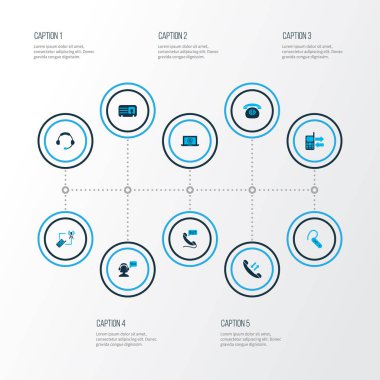 İletişim simgeler mobil veri değişimi, kulaklık, telefon kule ve diğer bilgi transferi öğeleri kümesi renkte. İzole illüstrasyon iletişim simgeleri.