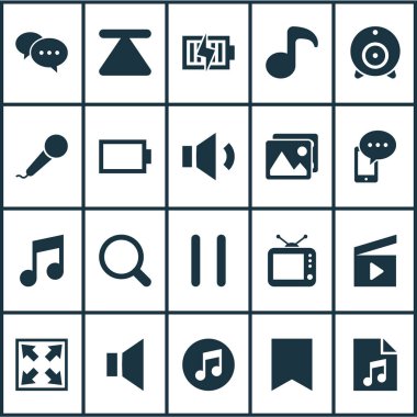 Multimedya simgeler şarkı listesi, müzik, cep telefonu ve diğer sessizlik öğeleri ile ayarlayın. İzole illüstrasyon multimedya simgeler.