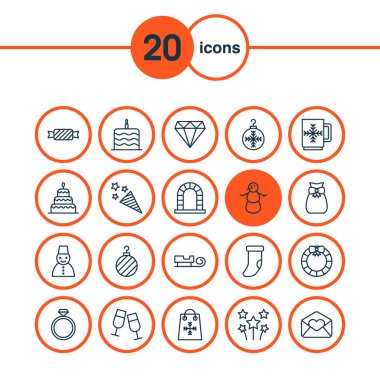 Yıl kutsal kişilerin resmi kupa, şömine, Noel kek ve ticaret diğer öğeleri ile ayarlayın. İzole illüstrasyon yıl simgeler.