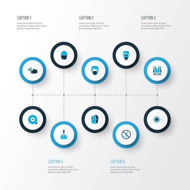 Simgeler renkli set solunum, chocked tekerlek, toz maskesi ve diğer ceket öğeleri ile oturum açın. İzole illüstrasyon işareti simgeleri.