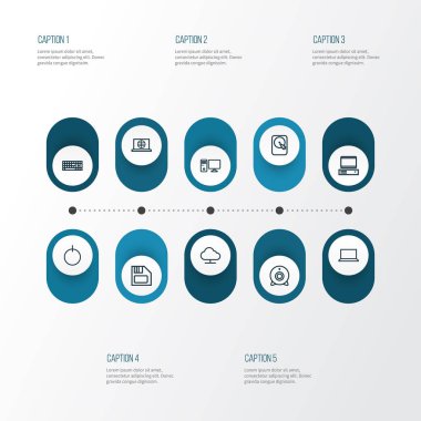 Donanım simgeleri stil Başlat düğmesini, disket, klavye ve diğer tuş takımı öğeleri kümesi satır. İzole illüstrasyon donanım simgeleri.