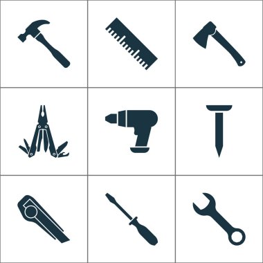 Handtools simgeleri yeni bıçak, multi Aracı, ölçüm ve diğer cetvel öğeleri ile ayarlayın. İzole illüstrasyon handtools simgeleri.