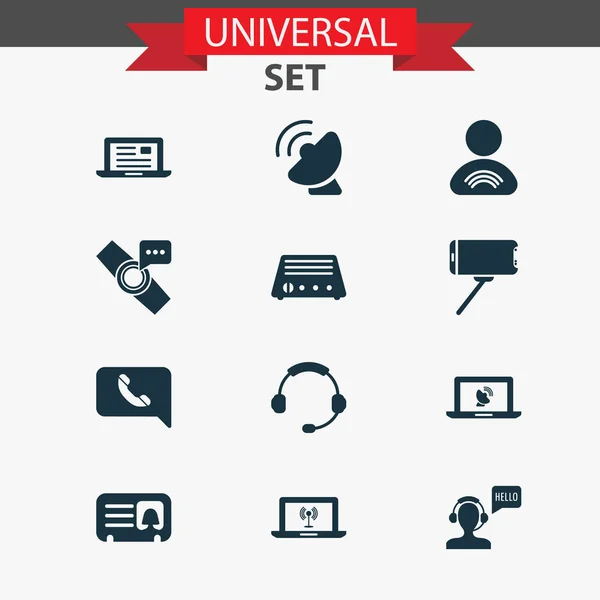 Ícones de telecomunicações configurados com comunicação via laptop, notificação de relógio inteligente, fone de ouvido e outros elementos de comunicação. Ícones de telecomunicações ilustração isolada . — Fotografia de Stock