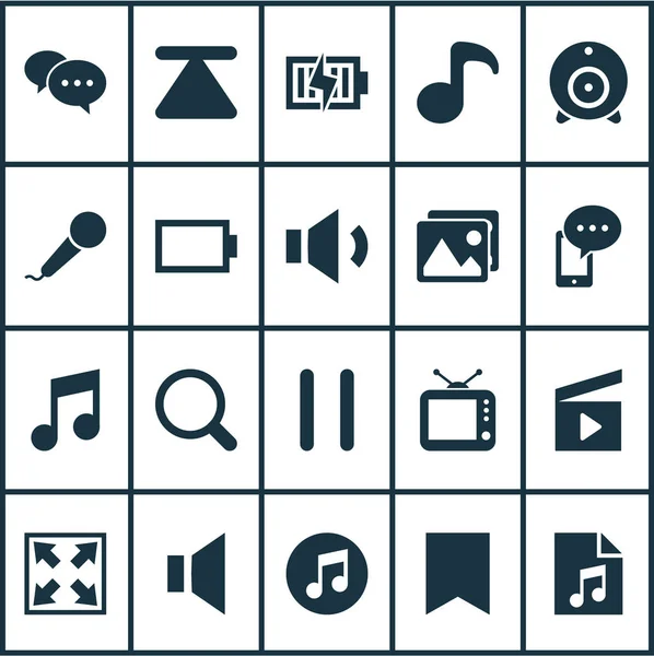 Мультимедийные иконки со списком песен, музыкой, сотовым телефоном и другими элементами тишины. Изолированные иллюстрационные мультимедийные иконки . — стоковое фото