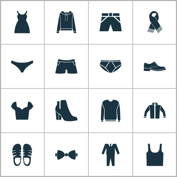 Conjunto de iconos de vestir con sudadera, chaqueta, calzado masculino y otros elementos de jersey. Iconos de vestido de ilustración aislada . —  Fotos de Stock