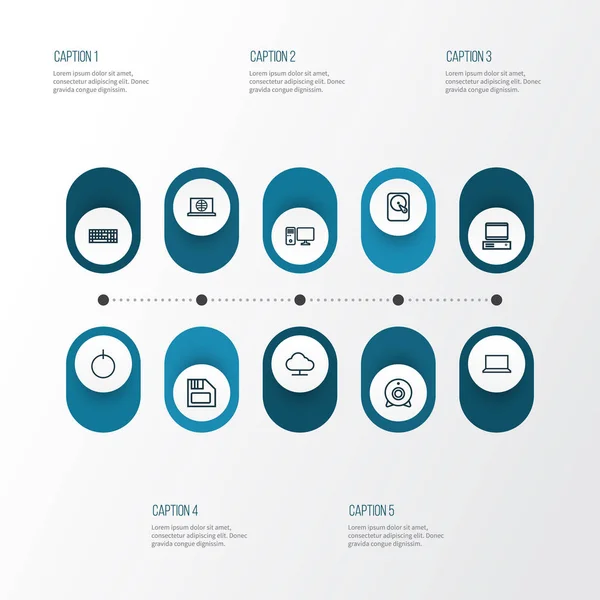 Icônes matérielles style ligne réglées avec bouton de démarrage, disquette, clavier et autres éléments du clavier. Isolé icônes matériel d'illustration . — Photo