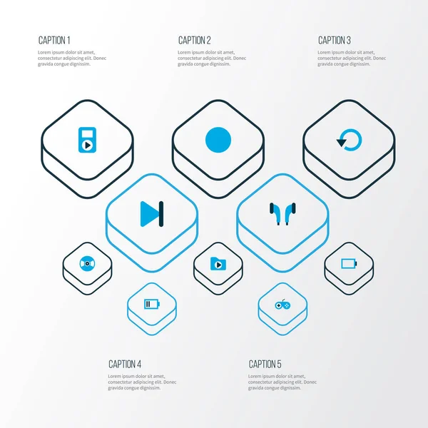 조이스틱, 조 서, 비닐 및 다른 원 요소와 멀티미디어 아이콘 색된 집합입니다. 고립 된 그림 멀티미디어 아이콘. — 스톡 사진