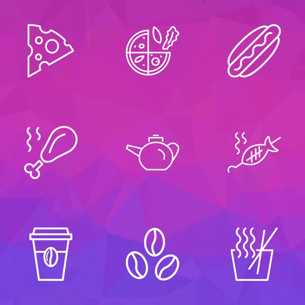 Essen Symbole Linie Stil-Set mit Käsescheiben, gegrilltem Fisch, Teekanne und anderen gerösteten Elementen. isolierte Abbildung Lebensmittel-Ikonen. — Stockfoto