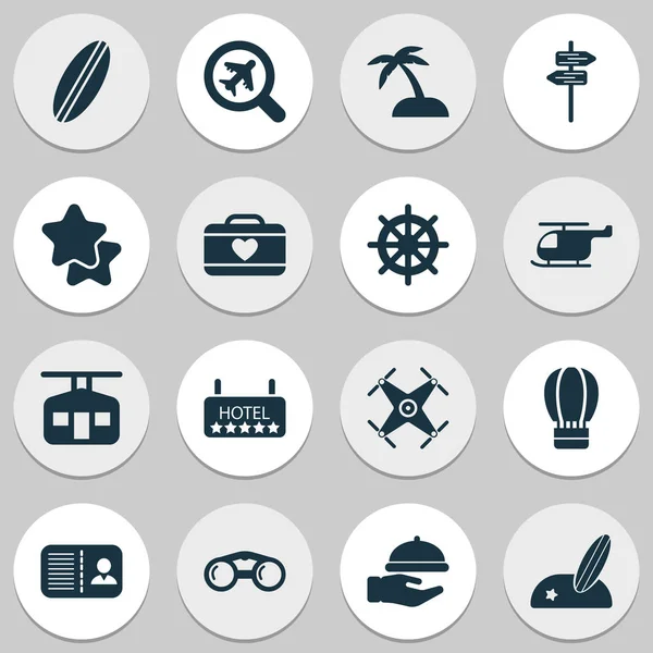 Iconos de viaje con hotel, cuadrúpedo, certificación y otros elementos del helicóptero. Iconos de viaje de ilustración aislados . —  Fotos de Stock
