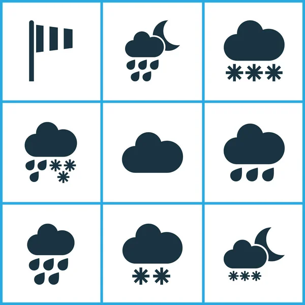 Климатические иконки с зимними, облачными, снежными и другими стихиями наводнения. Изолированные иконки климата . — стоковое фото