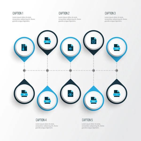 Farbige Dateisymbole mit temporären Datei-, Audio-, PDF- und anderen Dateidoc-Elementen. Icons zur Illustration. — Stockfoto