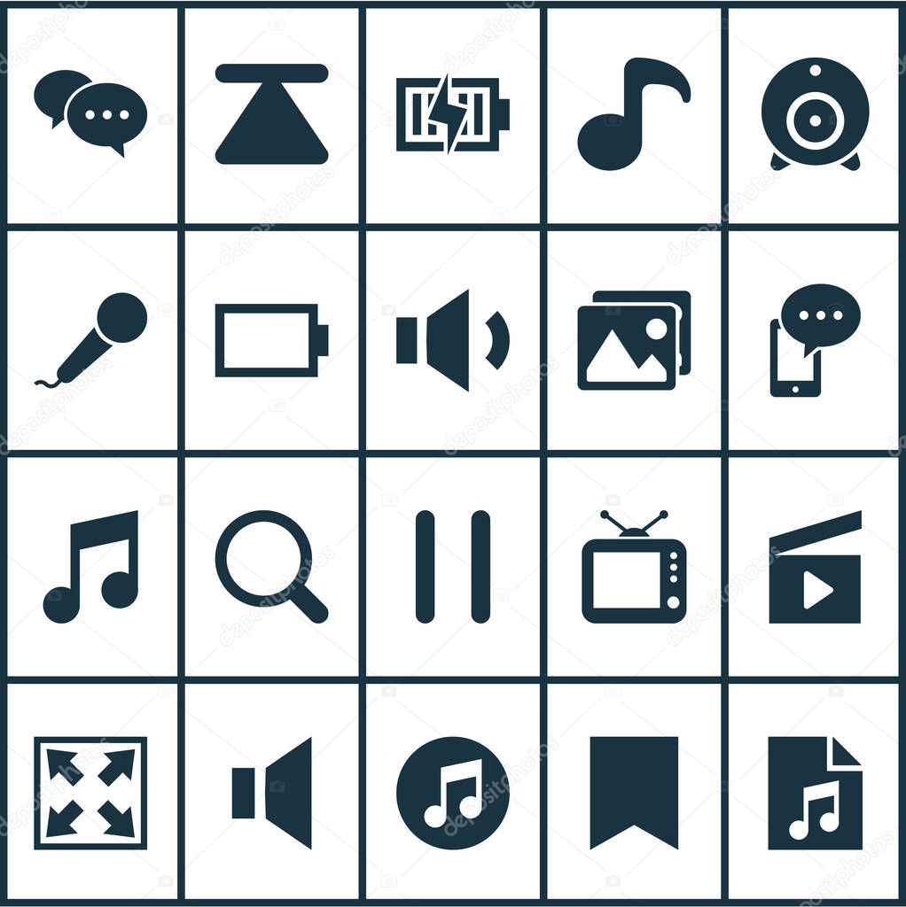 Multimedia icons set with song list, music, cellphone and other silence elements. Isolated  illustration multimedia icons.