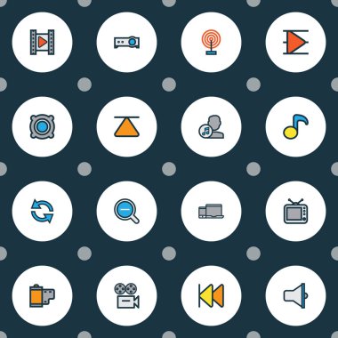 Multimedya simgeler renkli çizgi hoparlör, film, üst ve diğer film ile öğeleri ayarlayın. İzole vektör çizim multimedya simgeler.