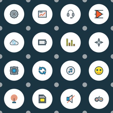 Multimedya simgeler renkli çizgi öğeleri eşitleme, ses mikseri, manevra kolu ve diğer bellek ile ayarlayın. İzole vektör çizim multimedya simgeler.