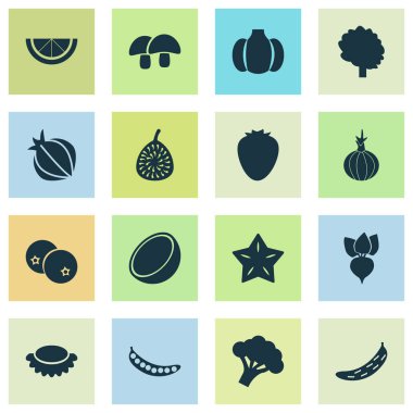 Meyve simgeler incir, kök, salatalık ve diğer brokoli öğeleri ile ayarlayın. İzole vektör çizim meyve simgeler.