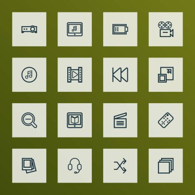 Medya simgeler stil ile vınlamak dışarı, öğrenme, düşük pil ve diğer denetleyicisi öğeleri kümesi satır. İzole vektör çizim medya simgeler.