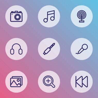 Multimedya simgeler stil karaoke, fotoğraf aparatları, yayın ve diğer ses öğeleri kümesi satır. İzole vektör çizim multimedya simgeler.