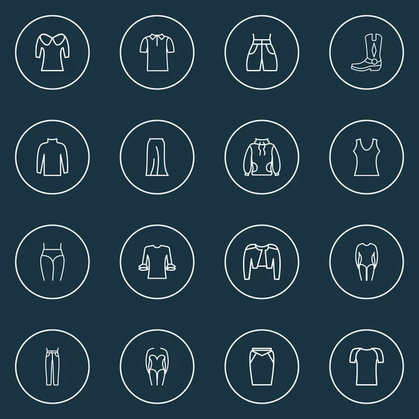 Stílusú ikonok vonaltípus beállítása körkörös hánykolódik ing, hosszú szoknya, bell ujjú ing és fürdőruha elemeivel. Elszigetelt vektoros illusztráció stílusú ikonok. — Stock Vector