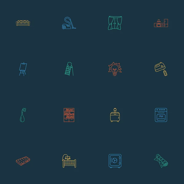 Iconos de decoración estilo de línea con jarrón, escalera, caja fuerte y otros elementos de batidor. Iconos de decoración de ilustración vectorial aislado . — Vector de stock