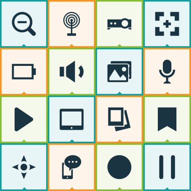 Müzik simgeleri denetleyicisi, tablet, yer imi ve diğer hedef öğeleri ile ayarlayın. İzole illüstrasyon müzik simgeleri.