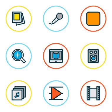 Multimedya simgeler durdur, Büyüteç, öğrenme ve diğer öğeleri yakınlaştırma ile Ayarla satır renkte. İzole illüstrasyon multimedya simgeler.