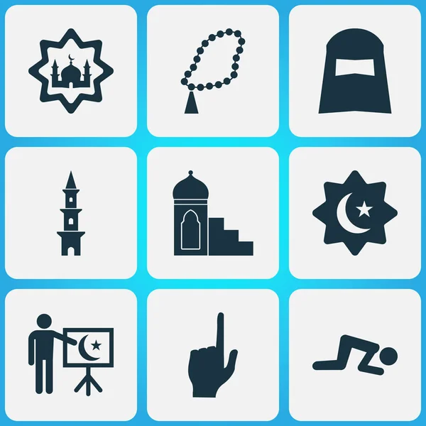 Ícones de religião conjunto com torre, igreja, hijab e outros elementos xale. Isolados ícones de religião ilustração . — Fotografia de Stock