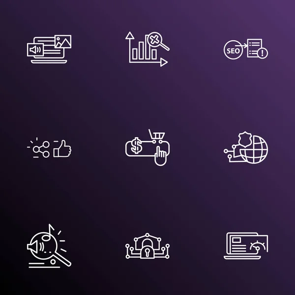 Optimization icons line style set with mixed content, network protection, marketing analytics and other PPC elements. Isolated  illustration optimization icons.