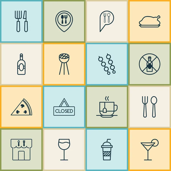 Ícones Café conjunto com galinha assada, churrasco, vinho e outros elementos de mapeamento de alimentos. Ícones de café ilustração isolada . — Fotografia de Stock