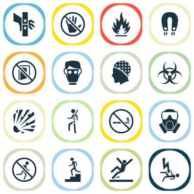 Koruma simgeler çalışmıyor, solunum ve elektromanyetik diğer öğeleri yok sigara ile ayarlayın. İzole vektör illüstrasyon koruma simgeler.