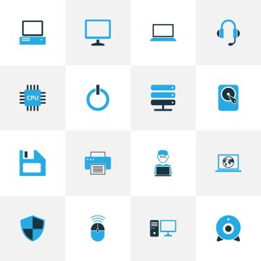 Bilgisayar simgeleri set cpu, yazıcı, bilgisayar ve diğer dizüstü bilgisayar öğeleri ile renkli. İzole vektör çizim bilgisayar simgeler.