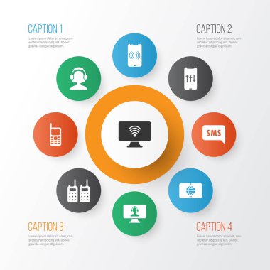 Bağlantı simgelerinin dokunmatik ekran, bilgisayar operatörü, taşınabilir radyolar ve diğer posta kutusu öğeleri ile ayarlayın. İzole vektör çizim bağlantı simgeleri.