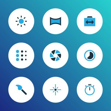 Renkli Icons set Zamanlayıcı ile resim, cam, parlama ve diğer daire öğeleri geçiş. İzole vektör çizim resim simgeleri.