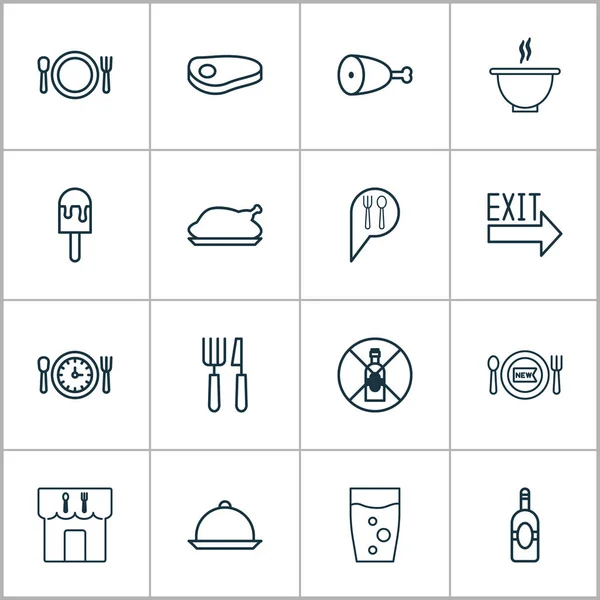 Conjunto de iconos para comer a la hora del almuerzo, alcohol, bandeja y otros elementos de aves fritas. Ilustración vectorial aislada comiendo iconos . — Archivo Imágenes Vectoriales