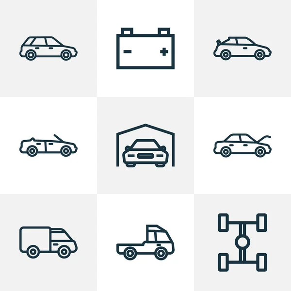 Icônes de voiture ensemble de style de ligne avec empattement, batterie, cabriolet et autres éléments de camion. Illustration vectorielle isolée voiture icônes . — Image vectorielle