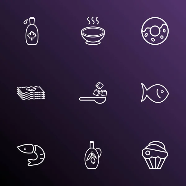 Іконки харчування лінійний стиль, встановлений з кексом, супом, сиропом та іншими елементами медицини. Ізольовані Векторні ілюстрації Піктограми харчування . — стоковий вектор