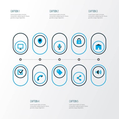 Paylaşım, kilit, konum ve diğer kapalı öğeleri kümesiyle renkli simgeler arabirim. İzole illüstrasyon arayüzü simgeler.