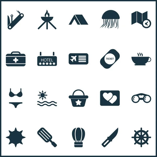 Icone turistiche set con coltello, il sole, volantino elementi estivi. Isolato illustrazione icone del turismo . — Foto Stock