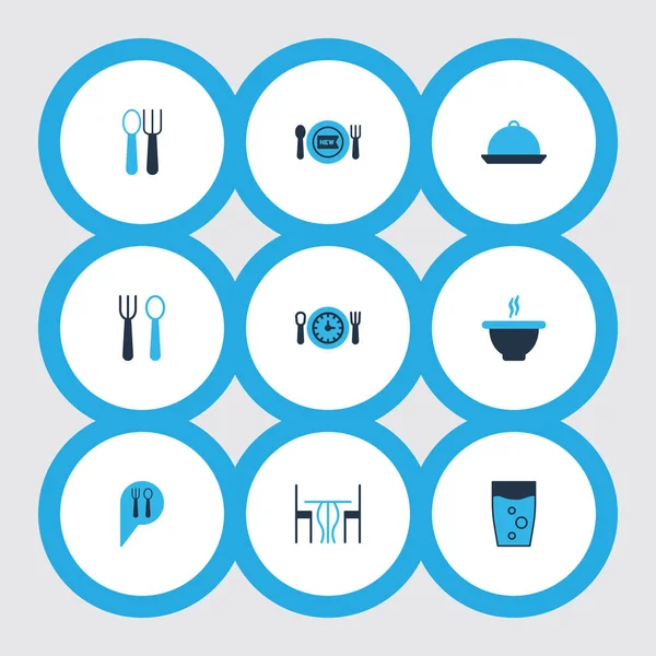 Conjunto de iconos de café de colores con cuchara con tenedor, sopa, comida nueva y otros elementos de bandeja. Iconos de café de ilustración aislada . — Foto de Stock