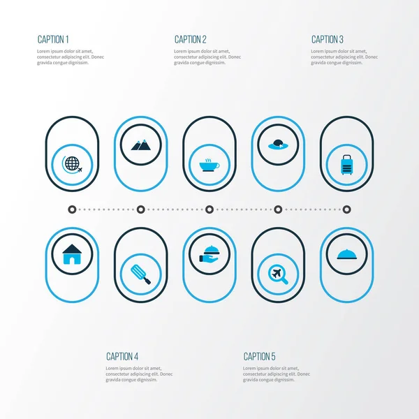 Utazás ikonok színű fagylalt, kalap, pincér és egyéb nemzetközi légi közlekedés tartozik. Elszigetelt illusztráció utazás ikonok. — Stock Fotó
