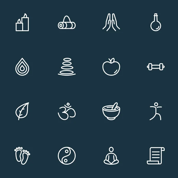 Iconos de meditación estilo de línea con la oración, manuscrito, mancuerna y otros elementos de agua. Iconos de meditación de ilustración aislada . —  Fotos de Stock