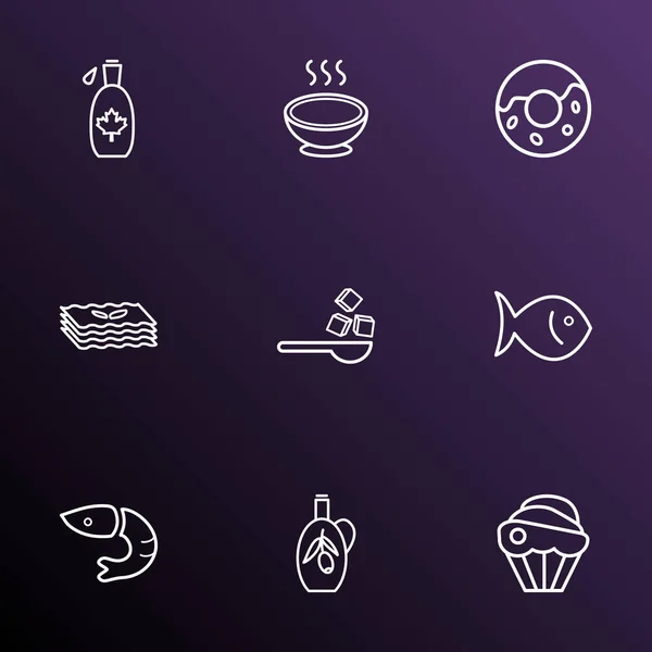 Conjunto de iconos de la línea de comidas con cupcake, sopa, jarabe y otros elementos medicinales. Iconos de harina de ilustración aislada . — Foto de Stock