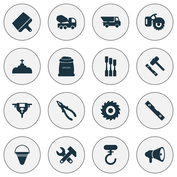Iconos de la industria con cincel, camión, barrena y otros elementos de la grúa. Iconos aislados de la industria de la ilustración . —  Fotos de Stock