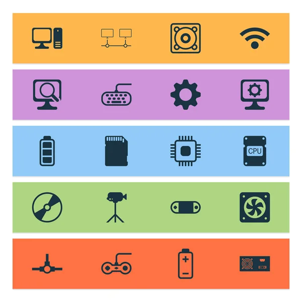 Computer icons set with cpu fan, video camera, gamepad and other network structure elements. Isolated  illustration computer icons.