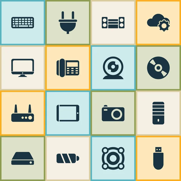 Technology icons set with hard drive, camera, cable and other charger elements. Isolated  illustration technology icons.