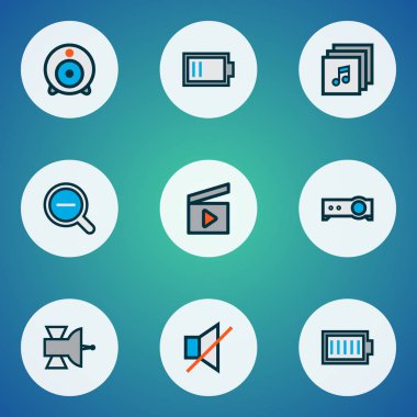 Multimedya simgeler renkli çizgi uydu, klaket, düşük pil ve diğer öğeleri ayarlayın. İzole vektör çizim multimedya simgeler.